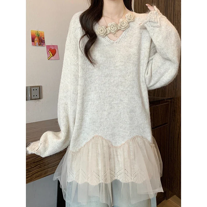 Dreidimensionaler Blumen-Strickpullover mit hängendem Hals für Damen, lockeres Oberteil, Pullover mit Netznähten, Lila, Herbst, 2026