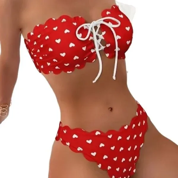 Bikini-Set, Bandeau-Oberteil, Kordelzug unten, Blumendruck, zweiteiliger Badeanzug für Strandurlaub, Sommer, verstellbar, bequeme Passform, Badebekleidung