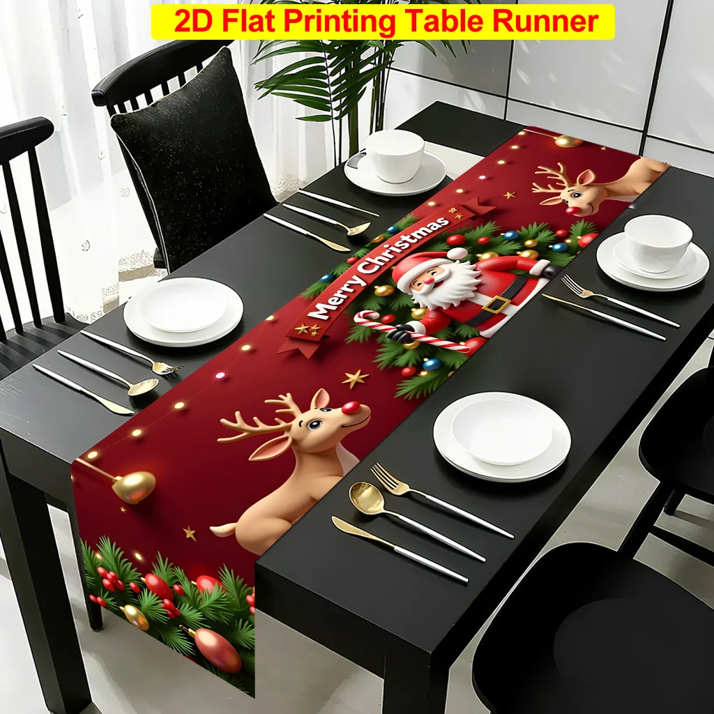 2D‑Printed Santa Two Reindeer Table Runner, Decor for Dining Table, Coffee‑Table, Gatherings, Indoor‑Outdoor Parties