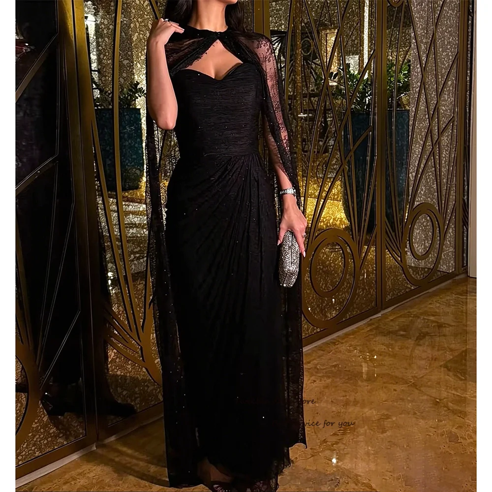 Black Lace Sexy Evening Dresses with Shawl 2-pieces A-line Floor Length Elegant Cocktail Party Dress for Women Customized