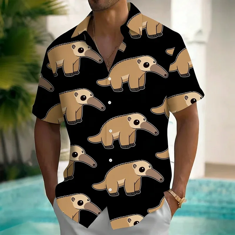 Men's Cartoon Fox Head Print Short Sleeve Shirt, Cute Red Fox Pattern on Black Button Down for Spring Summer Casual