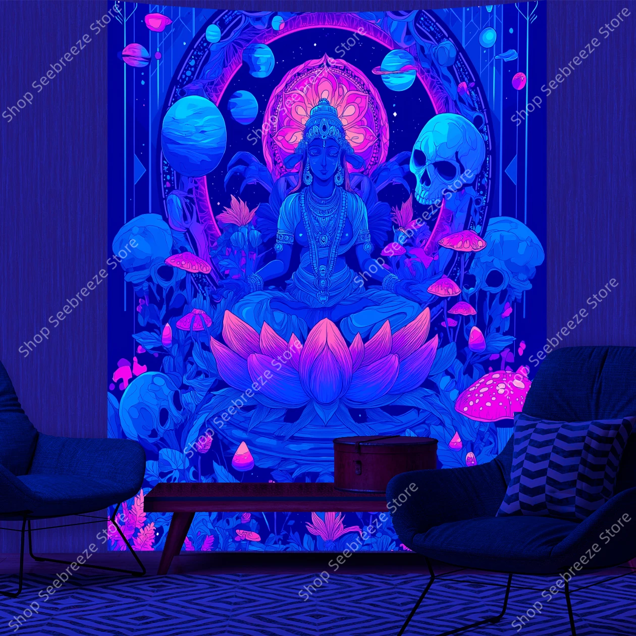 

Psychedelic Meditation UV Tapestry with Lotus Deity Cosmic Planets Skulls Mushrooms Bohemian Wall Hanging for Yoga Room Decor