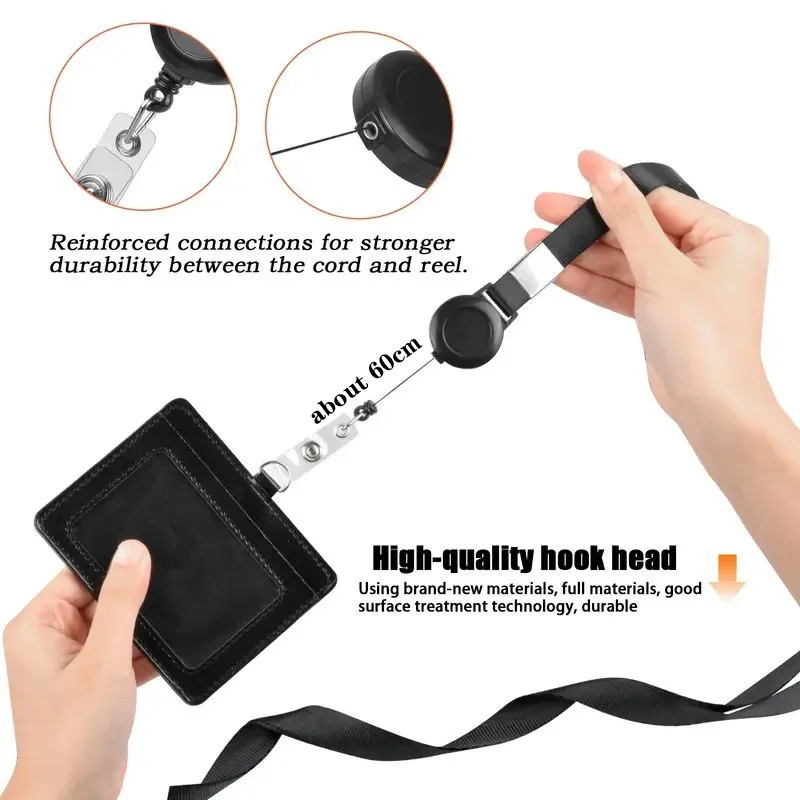 Hot-selling PU ID Card Sleeve Telescopic Buckle Record Label Access Control Card Sleeve with Lanyard Easy-pull Buckle Work Card