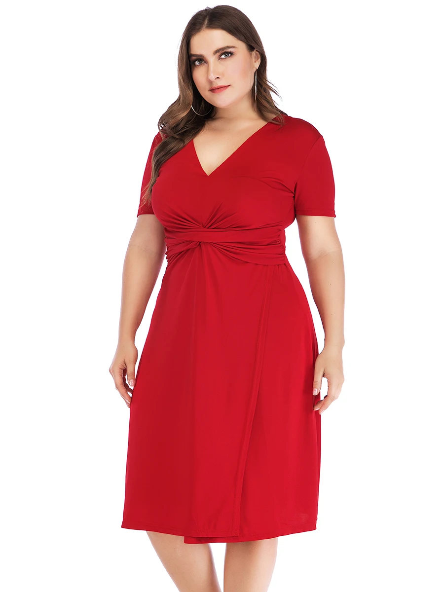 Plus Size Dress Woman Summer V Neck Short Sleeve Solid Casual Dress High Waist Red Midi Dress Curvy Size Odzież damska