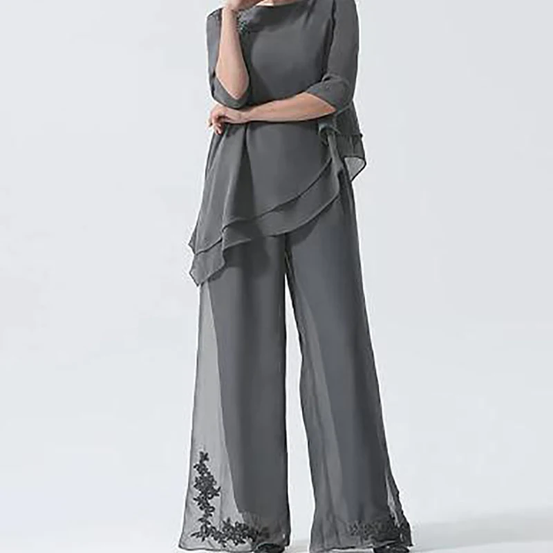 Chiffon Mother Of The Bride Pants Suits Causal Wide Trousers Half Sleeves Jewel Neck Stylish Groom Mom Women Wedding Party Gowns