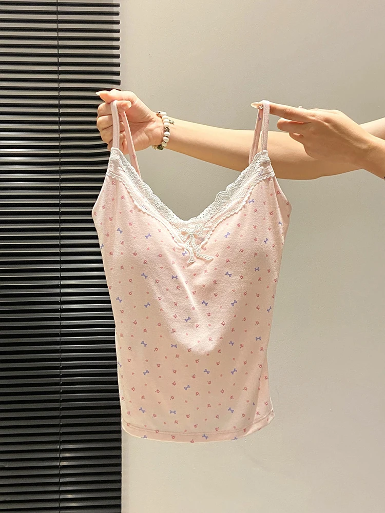 Summer Atmosphere Print Lace Halter Top Women Sweet Anti-Aging Short Sleeve Vest Inner Wear with Chest Pad Outerwear Base Layer