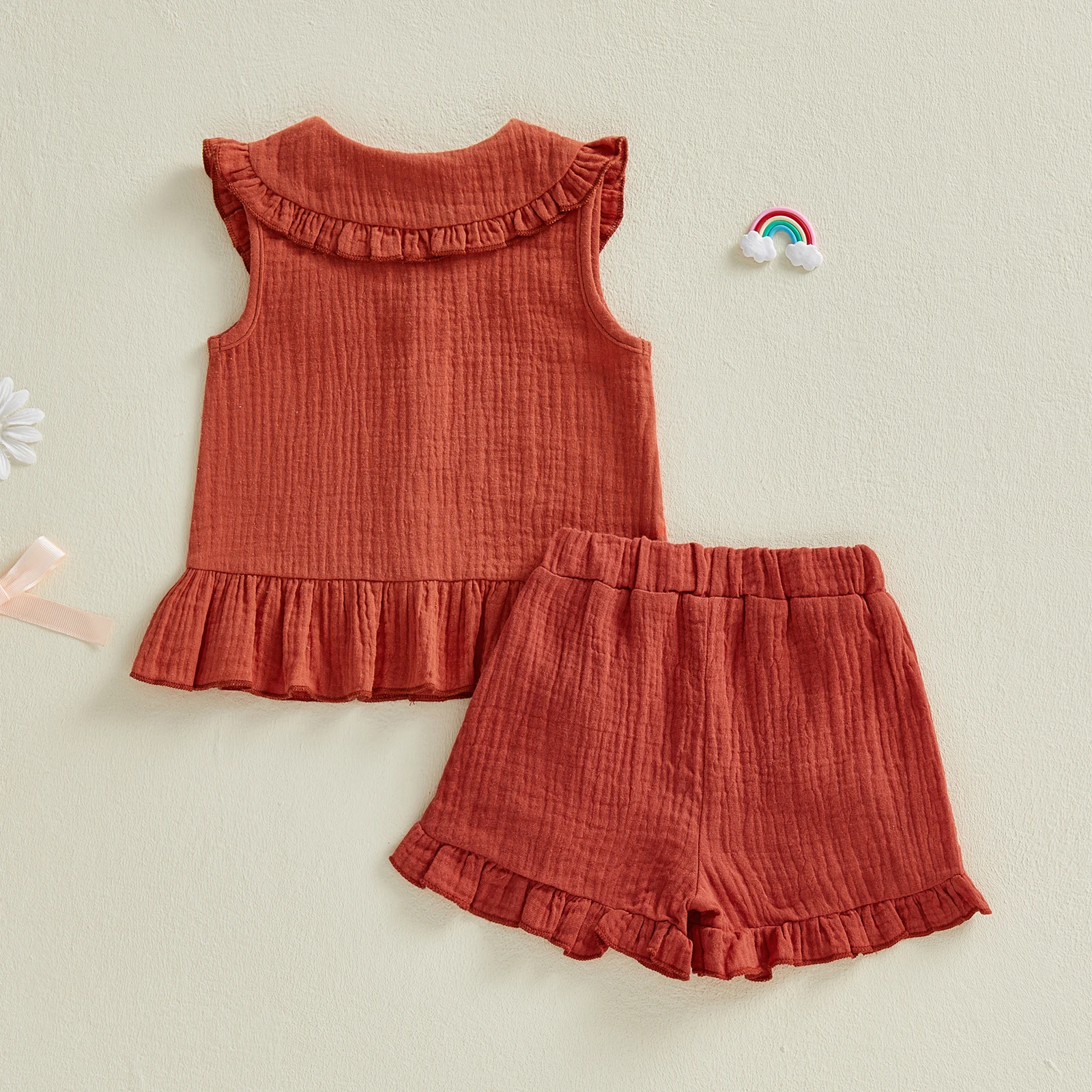Infant Baby Girl Summer Outfits Solid Color Pleated Doll Collar Sleeveless Tank Tops Elastic Waist Shorts 2Pcs Clothes Set