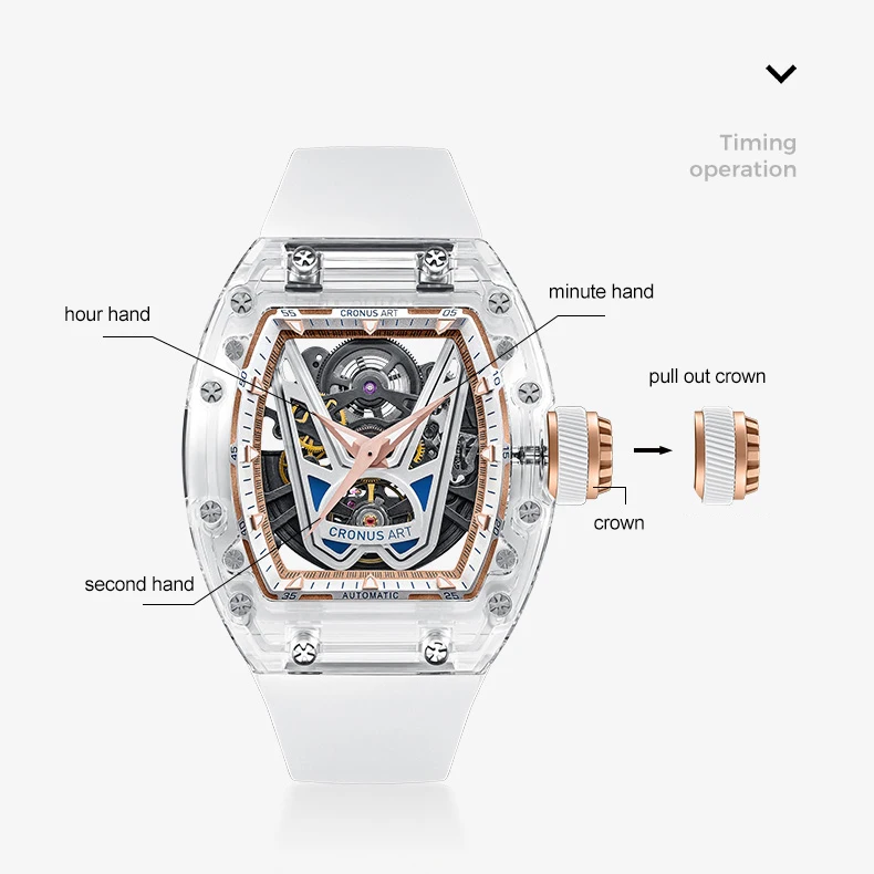 Cronusart relógio automático masculino 50mm luxo tonneau relógio de pulso mecânico caixa acrílica luminosa pulseira de borracha fluorada mostrador vitória