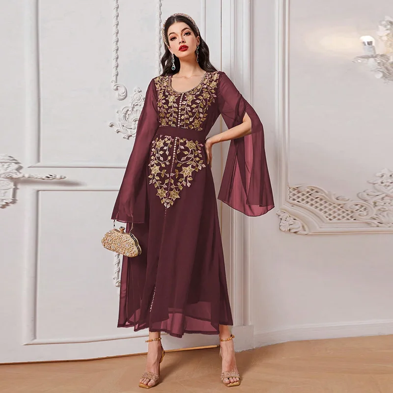 

Women Long Dresses Retro O-Neck Middle Eastern Dress Long Sleeve A-Line Appliques Luxury Robe for Evening Bridesmaid Dresses