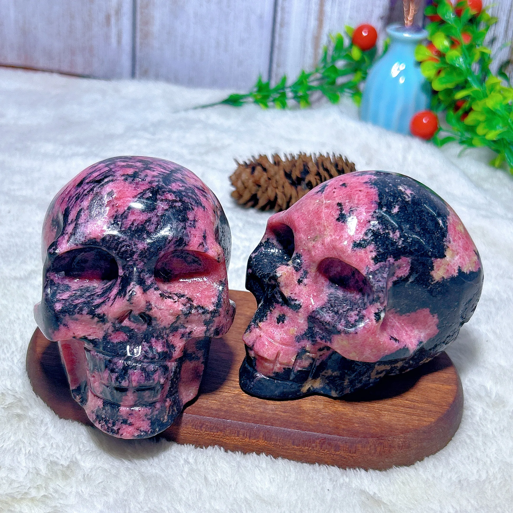 Healing Natural Crystals Rhodonite With Black Tourmaline Skull Gemstones Reiki Home Decorations Mineral Energy Gift