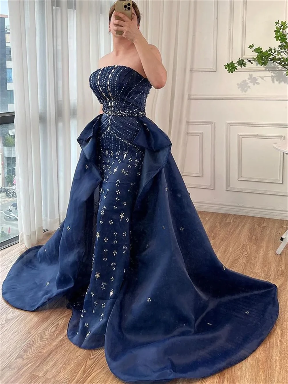 Two Pieces Jewels Embellished Formal Dress Pageant Mermaid Prom Dresses With Detachable Train Long Evening Party Gown