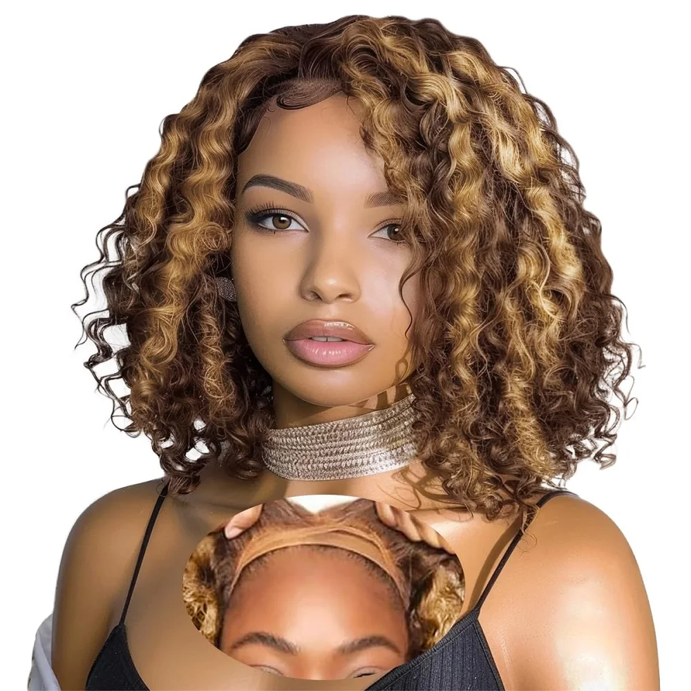 

Ombre Highlight Curly Bob Wig Human Hair For Black Women Wear And Go Glueless 6x4 HD Honey Blonde Highlight Deep Wave Lace Wig
