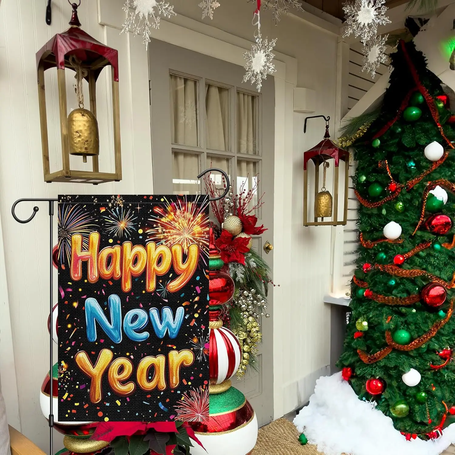 Happy New Year Garden Flag 12x18 Inch Double Sided Burlap, Firework Sparkle Night Sky Welcome 2026 Yard Flag for Outside law uui