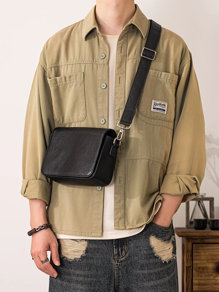 PNDME simple casual luxury first layer cowhide men's messenger bag daily work soft genuine leather teens black shoulder bag