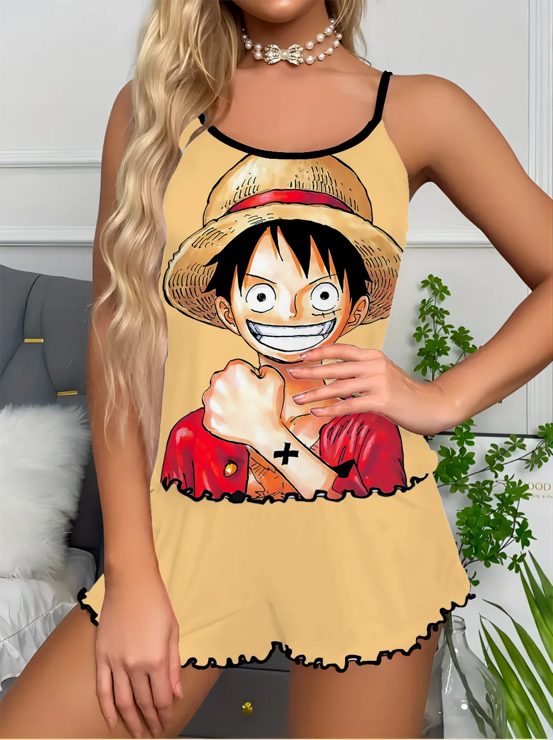 Anime Dragon Ball series print Luffy pajamas set satin silky suspender set casual simple and comfortable women's home clothes