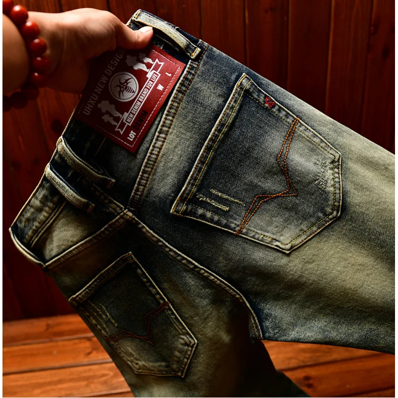 

Модные мужские джинсы в корейском стиле, новая мужская одежда осень 202, джинсовые, облегающие ностальгические брюки в стиле ретро, маленькие брюки