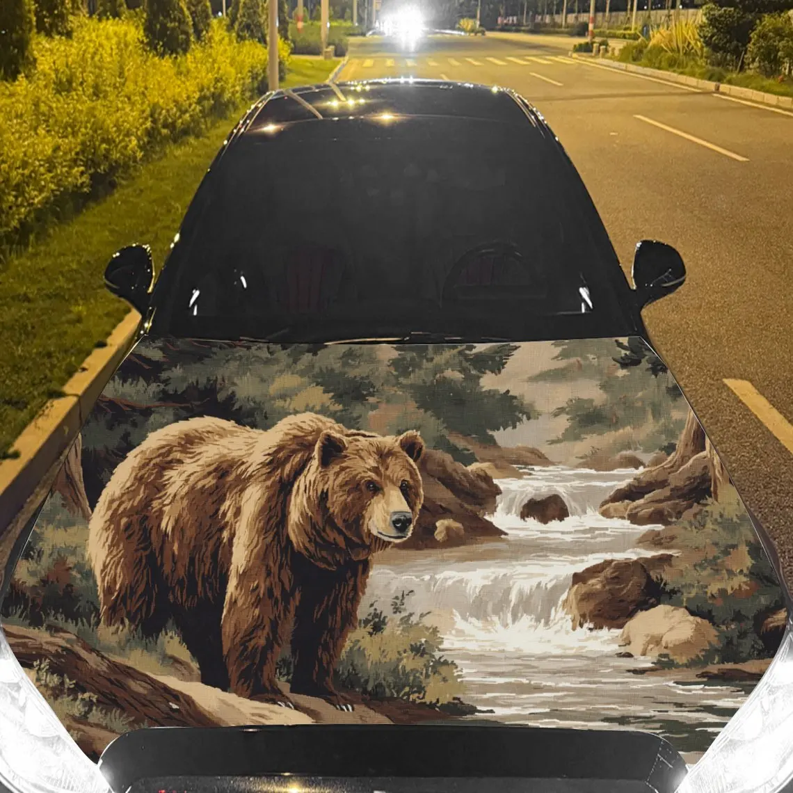 Car Decal Bear with Stream-Landscape Textured Motif in Artistic Wildlife-Noble Style - Bold Terrestrial Dignified Fantasy Aesthe