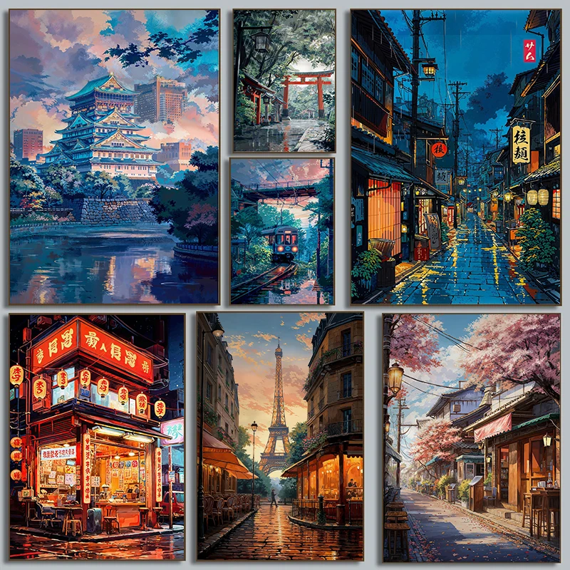 1pc frameless Canvas Painting  Japan Anime Tokyo Streets City Landscape Cherry Blossom Cartoon Poster Canvas Paintings Wall A