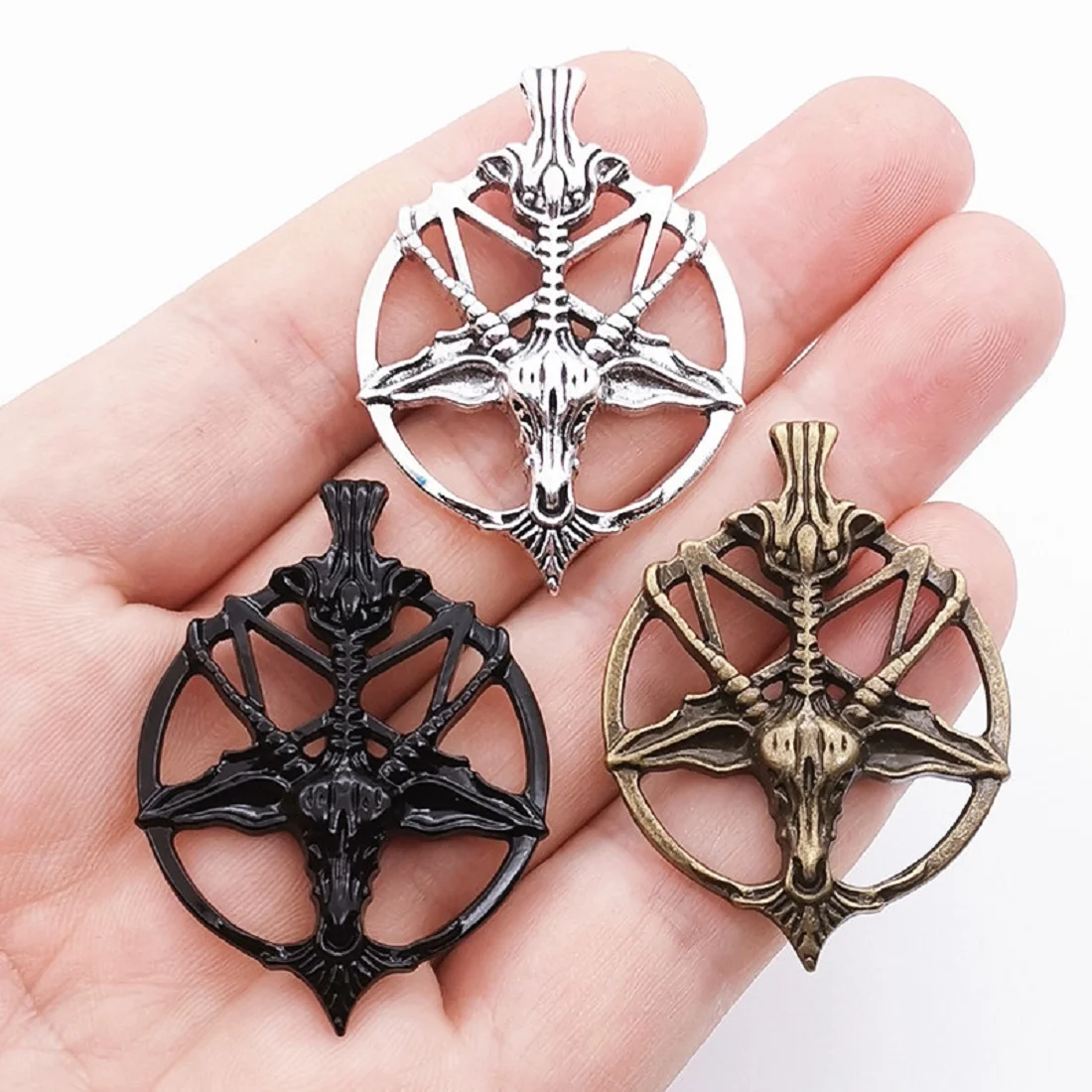 2Pcs 46*34mm Fashion Vintage Pentagram Pan God Skull Goat Head Pendant Charm, DIY Necklace and Earring Jewelry Handicraft Making