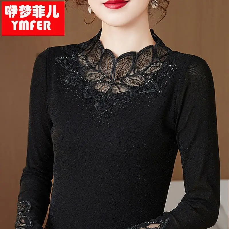 Women Autumn Winter Simplicity Slim Fleece Solid Color Mock Neck Long Sleeve Lace Bottoming Shirt Ladies Elegant All-match Tops