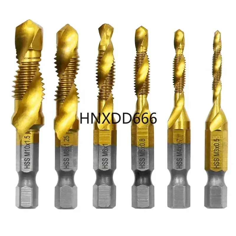 6pc High Speed Steel M3-M10 Titanium Plated Composite Tap Hexagonal Drill and Tap Integrated Tap Machine with Hole Chamfer Tool
