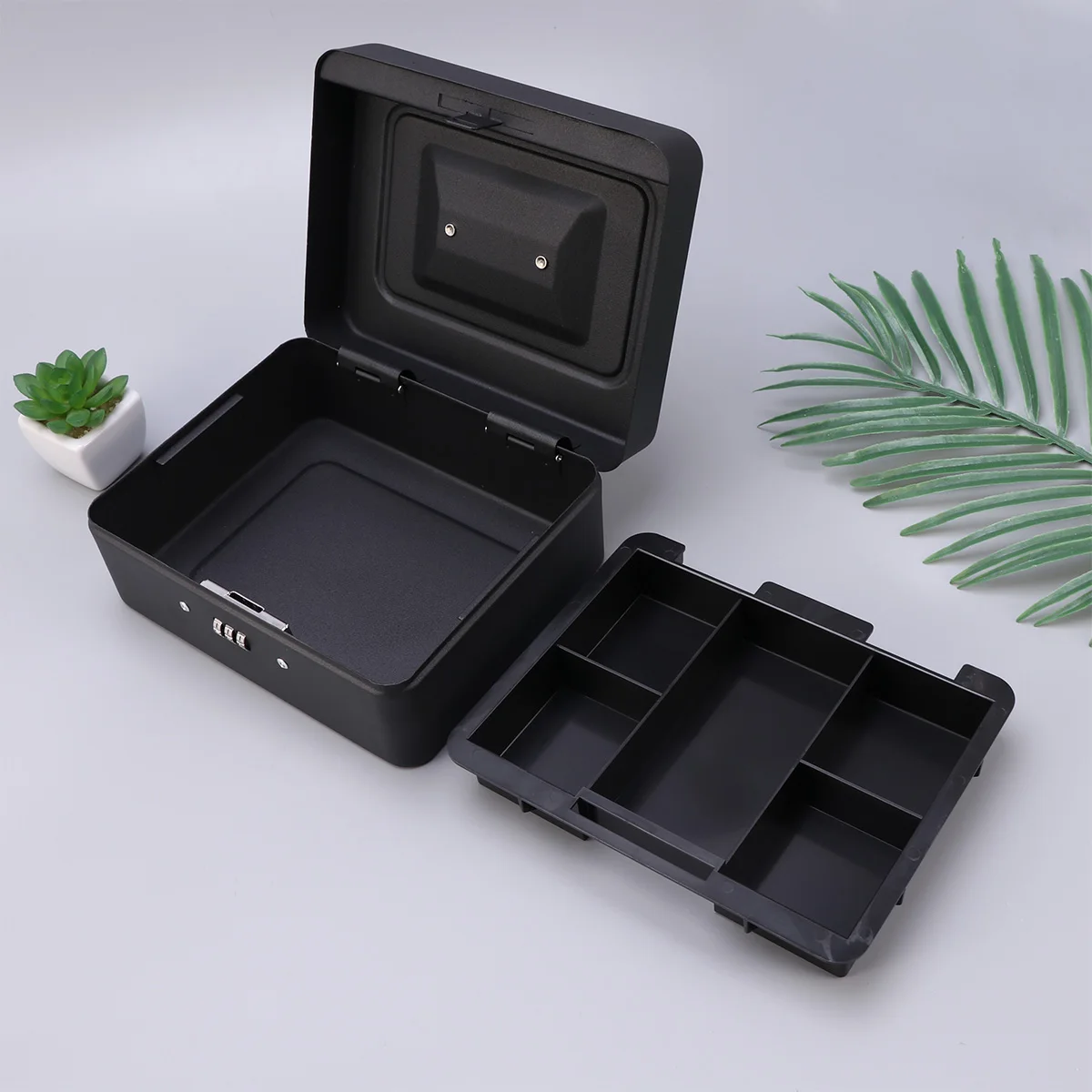 

Thickened Metal Money Box Case Portable Black Cash Organizer with Combination Lock