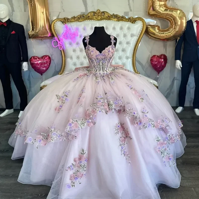 Vestidos de princesa de Quinceañera de México, vestido de baile con hombros descubiertos, apliques de tul, dulce 16, 15 años, talla grande, 2024