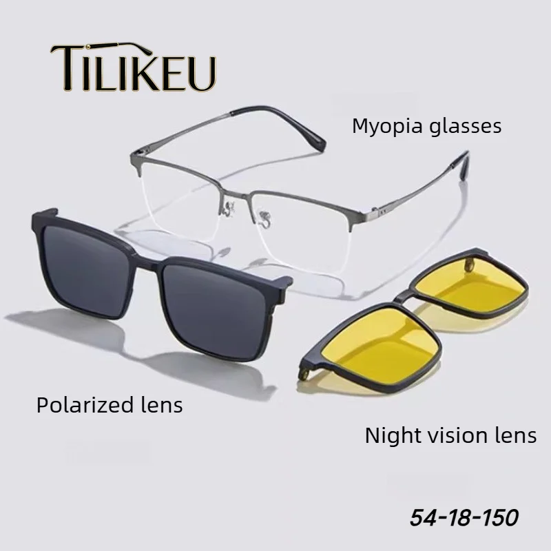 New Magnetic Night Vision Polarized Driving Ultra Light Pure Titanium Half Rim Flip Myopia Glasses Frame Men Magnet Shades Lens
