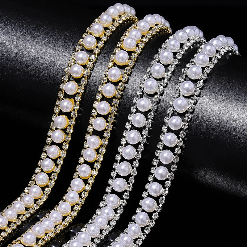 

DUCrystal 1Yards/pack Gold/silver Base Glass Crystal Claw Pearl Motif Rhinestone Trim Sew/Glue on DIY Craft.Garment.Decoration