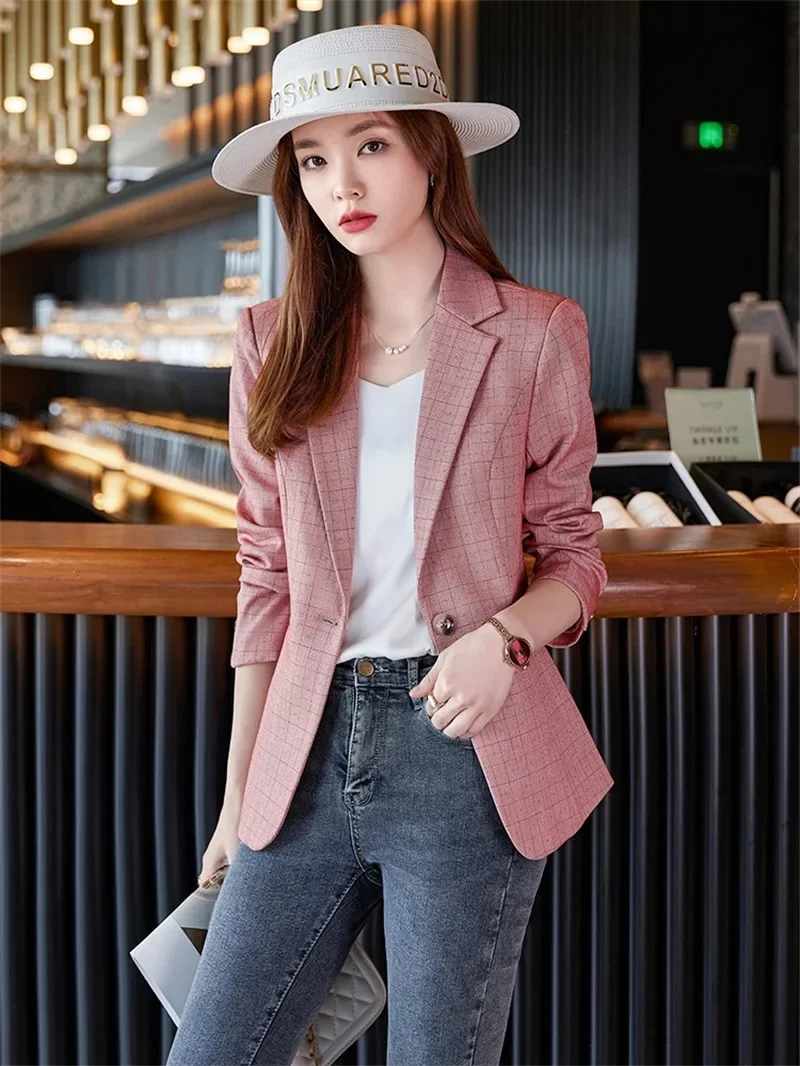 Frauen Anzug Damen formelle Blazer rosa schwarz karierte weibliche Langarm Single Button Business Arbeit tragen Büro Dame Jacke Mantel