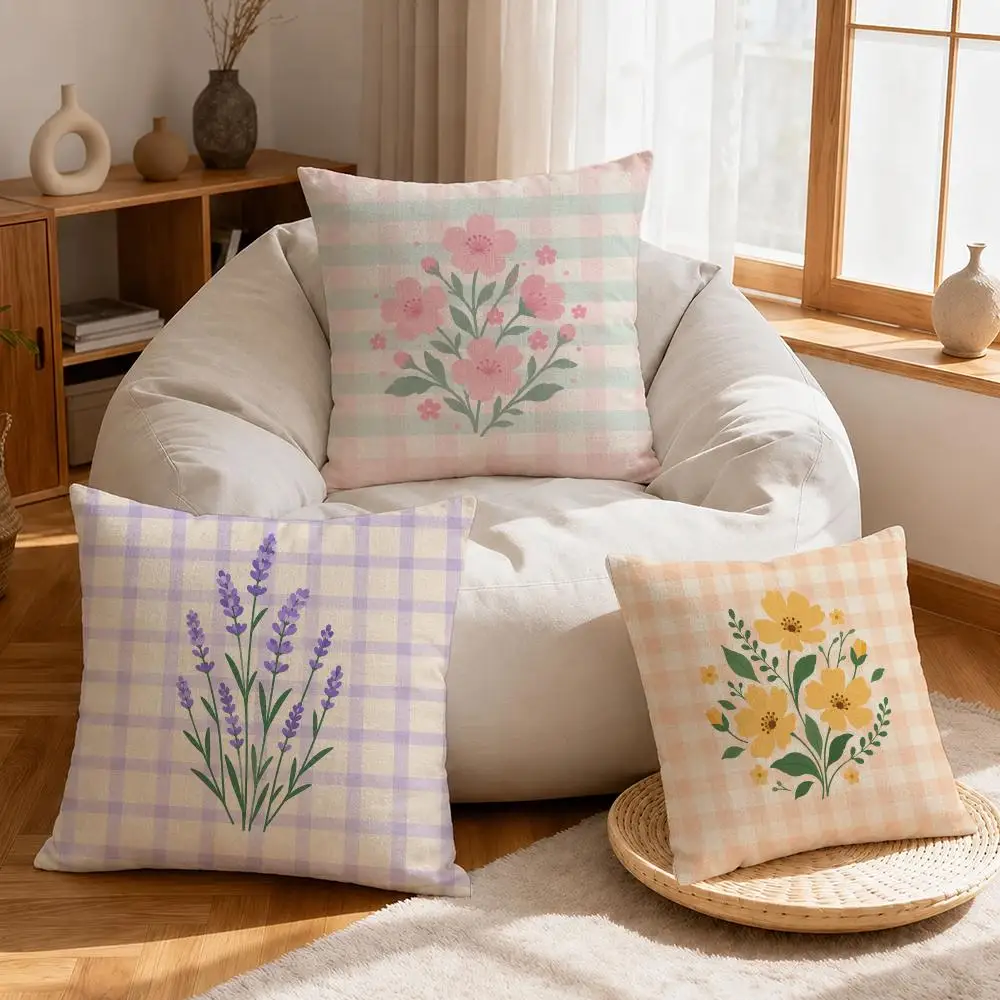Pattern Flower Market Cushion Cover Linen Anti-Mite Antibacterial Cushion Cover Invisible Zipper Sofa Decor