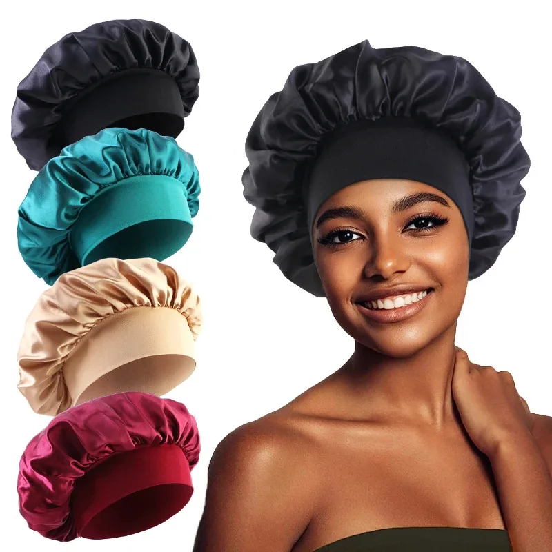 

New Satin Wide Brim Nightcap Silky Bonnet Hair Wrap for Sleeping Sleep Cap With Elastic Soft Band Styling Cap Hair Wrapping Tool