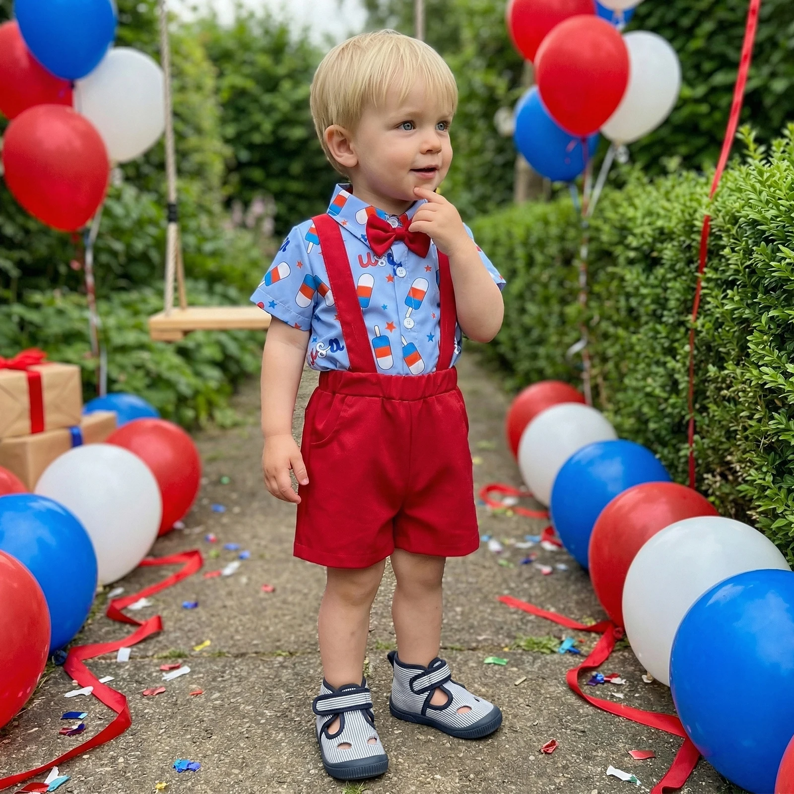 Baby Boys 4th of July Outfits Ice Cream Letter Star Print Bowtie Short Sleeve Rompers Suspender Shorts 2Pcs Clothes Set
