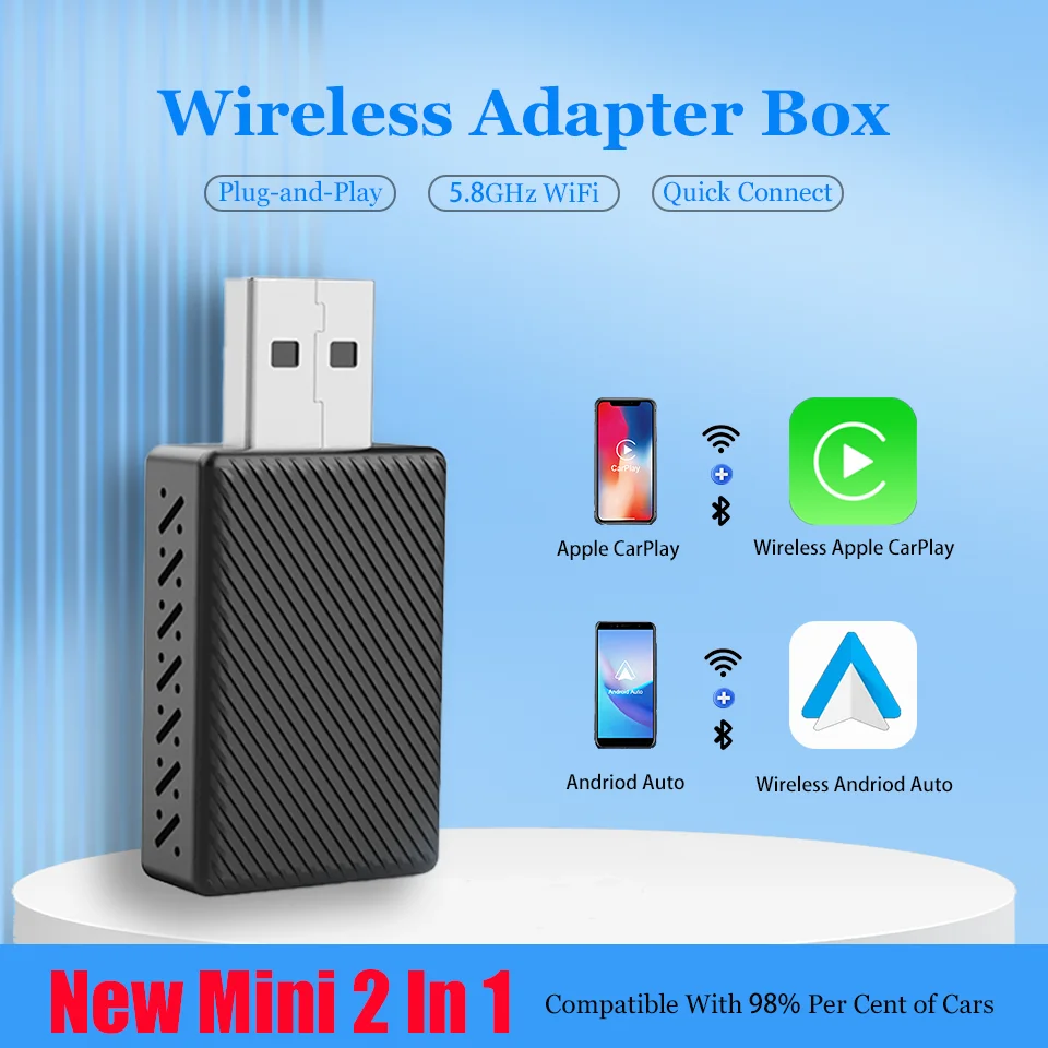 Nuovo Mini Box Wireless 2 in1 CarPlay Android Auto Wireless Mini Box Adapter Smart Plug And Play Dongle Bluetooth WiFi Fast Connect