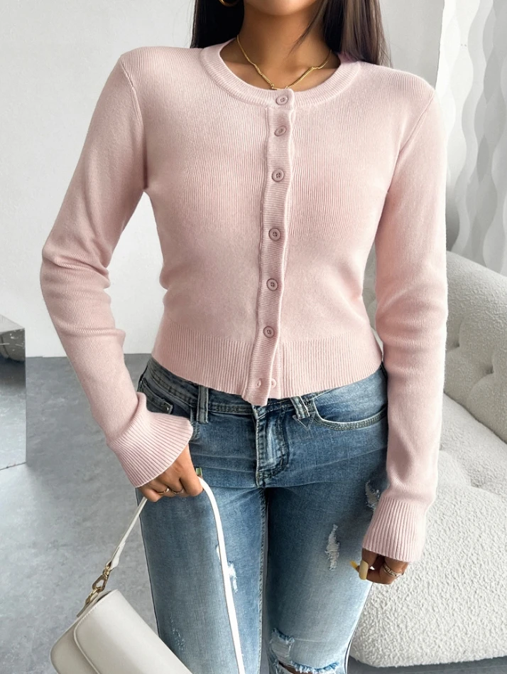 Hubei Dong Girls' New 2024 Style Casual Single Color Round Neck Long Sleeve Single Breasted Slim Fit Sweater Cardigan In Stock