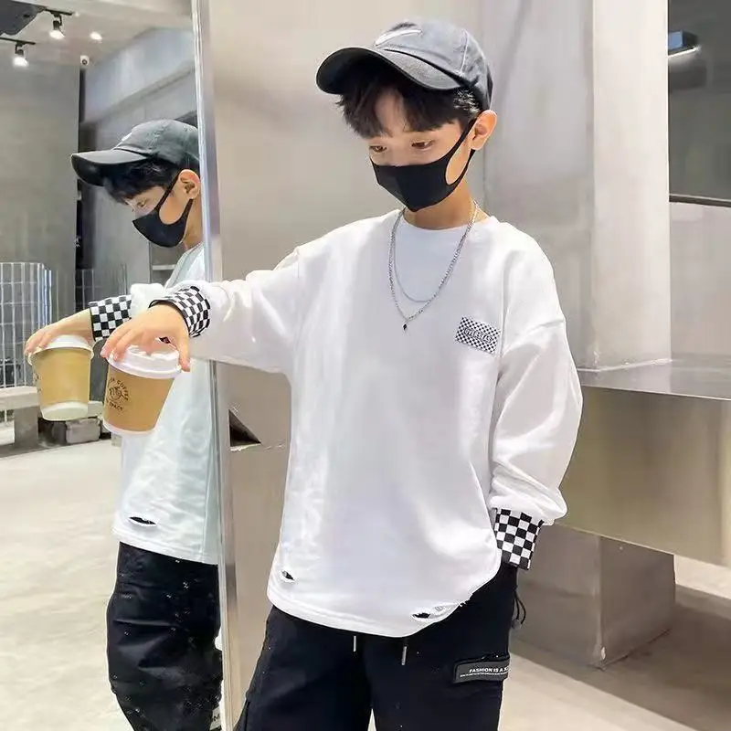 

Boys Cotton T-shirt Long-sleeved 2026 New Spring and Autumn Clothing Children's Bottoming Shirt White Top Boy Sweater 3-12 Years