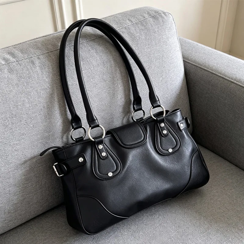 2026 new Y2K cool riveted handbag motorcycle bag punk metal ring shoulder bag underarm bag large capacity commuting tote bag - view 4