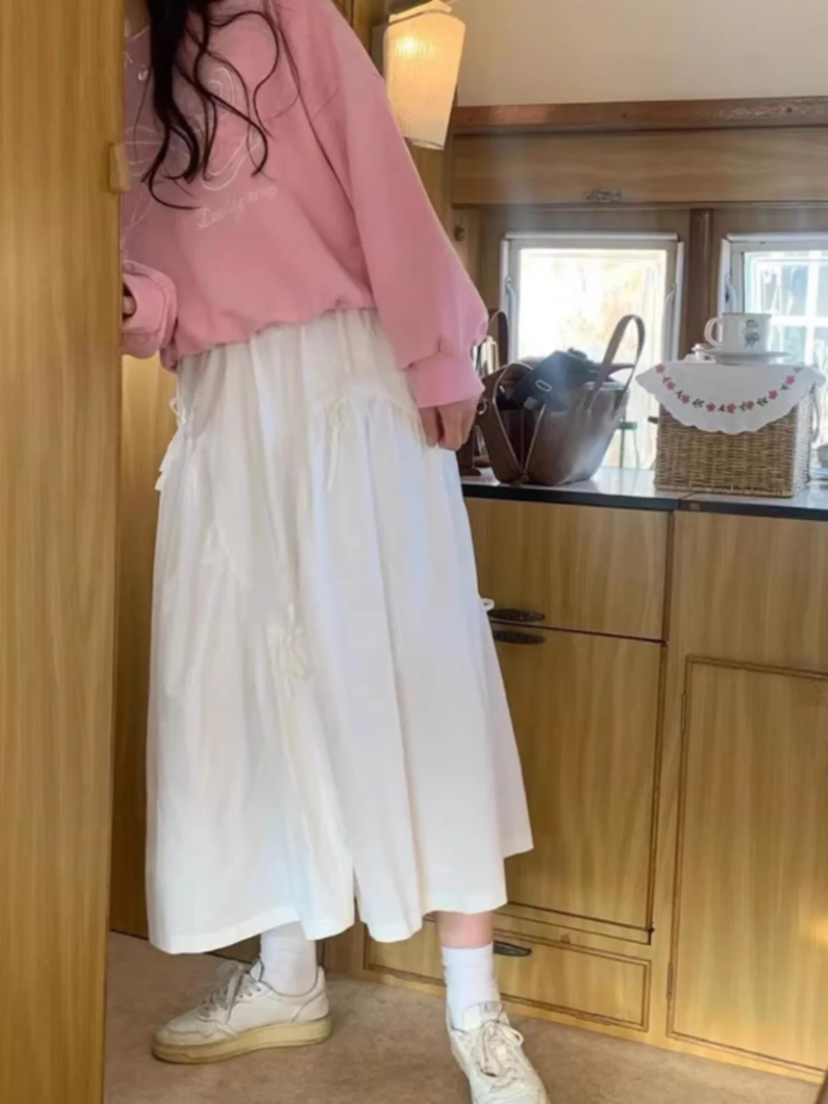 Jupe mi-longue trapèze blanche pour femmes, style coréen, ceinture, taille haute, couleur Pure, jupe longue pour les déplacements