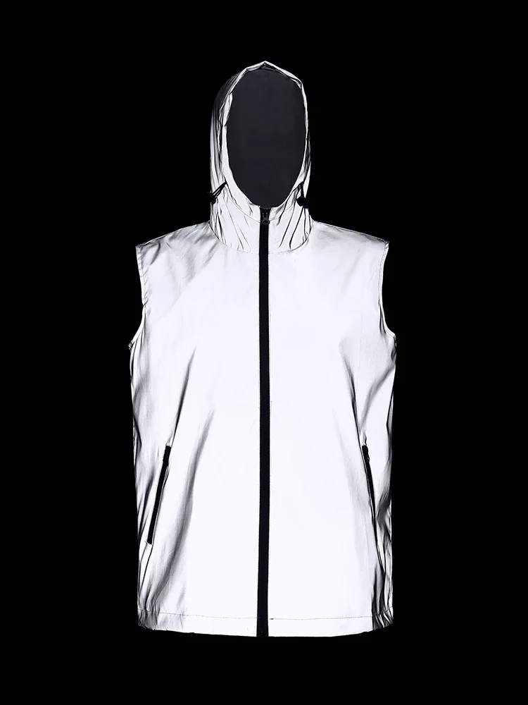 

Spring Summer Thin Men's Reflective Hooded Vest Fashion Streetwear Hip-hop Night Running Cycling Glowing Sleeveless Jacket