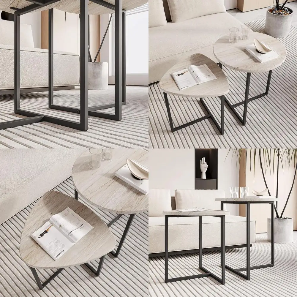 

Sturdy Metal and Wood Coffee Table Set with 2 End Tables, Black Small Living Room Table, Easy Assembly, Stackable Side Tables fo
