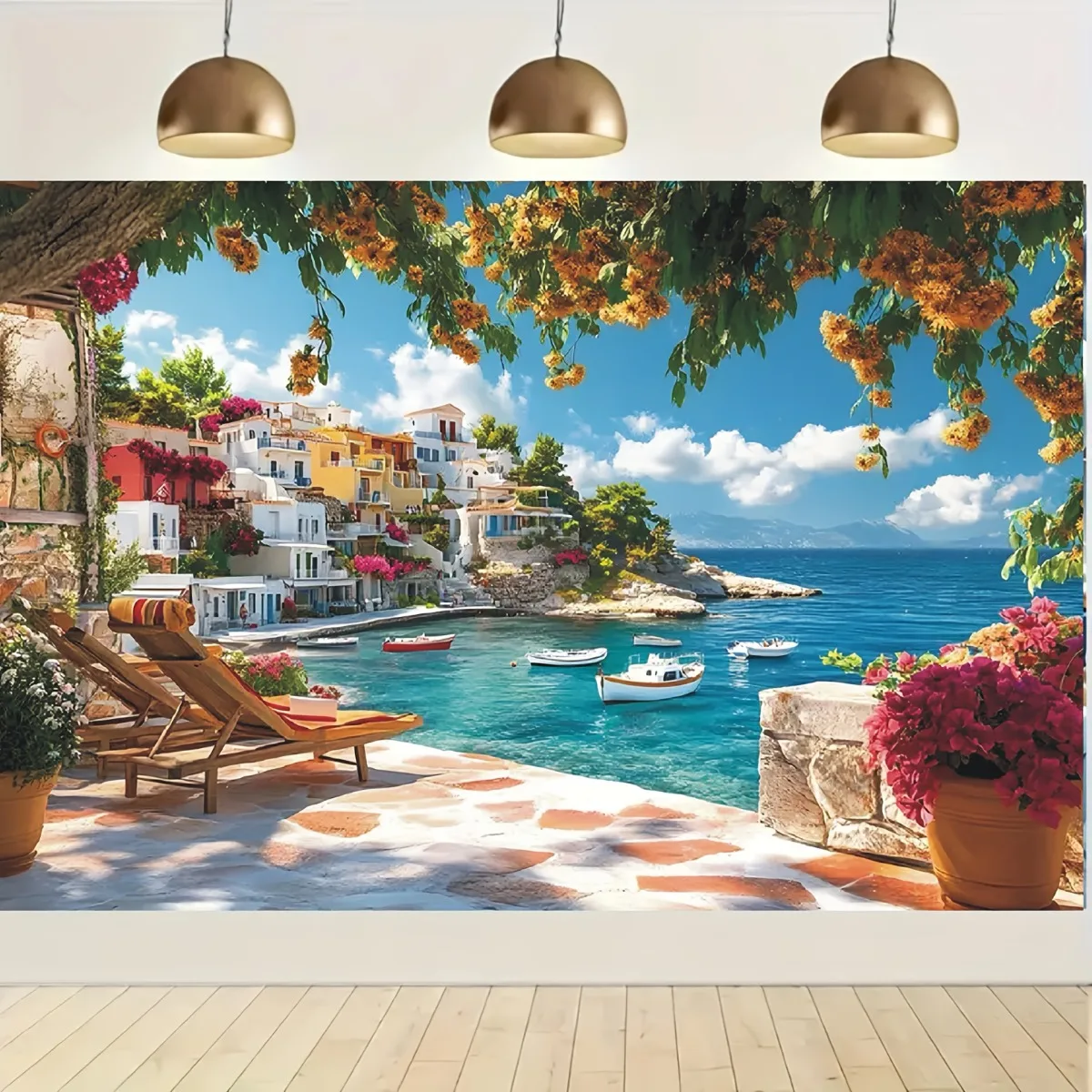 Large Mediterranean Wall Tapestry Mural Greek Coastal Village Summer Vacation Seaside Resort Home Decor Art