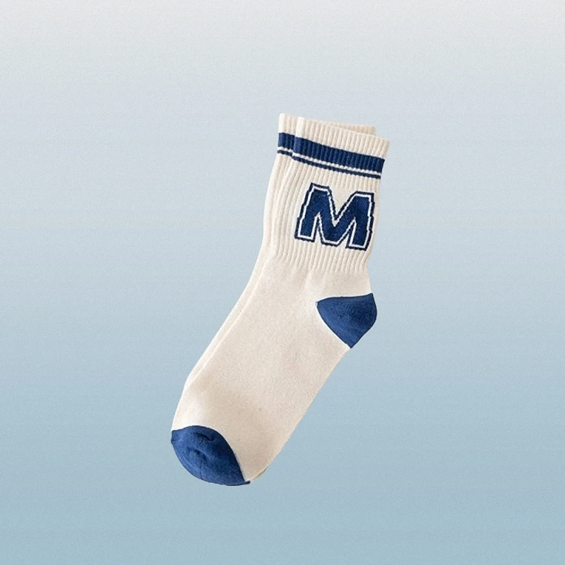 5/10 Pairs High Quality Trendy M Letter Striped Couple Comfortable Casual Socks Blue Combed Cotton Mid-tube Socks For Women