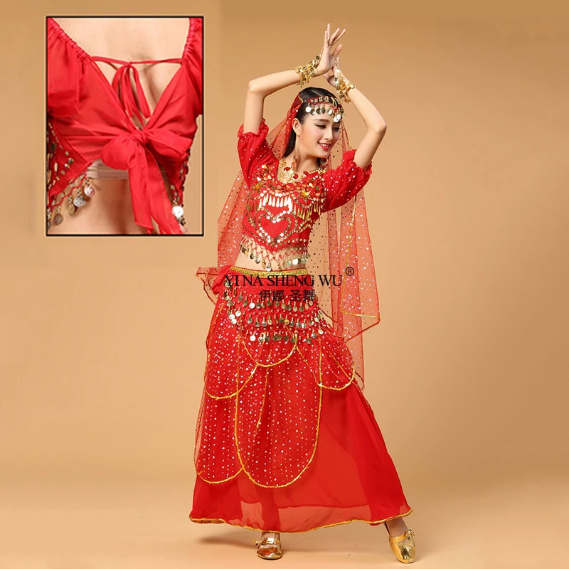 

Женская одежда для танцев в Болливуде, комплект из 4 предметов, костюм, вуаль, головной убор, топ, юбка с поясом для монет, индийские костюмы для танца живота, 6 цветов