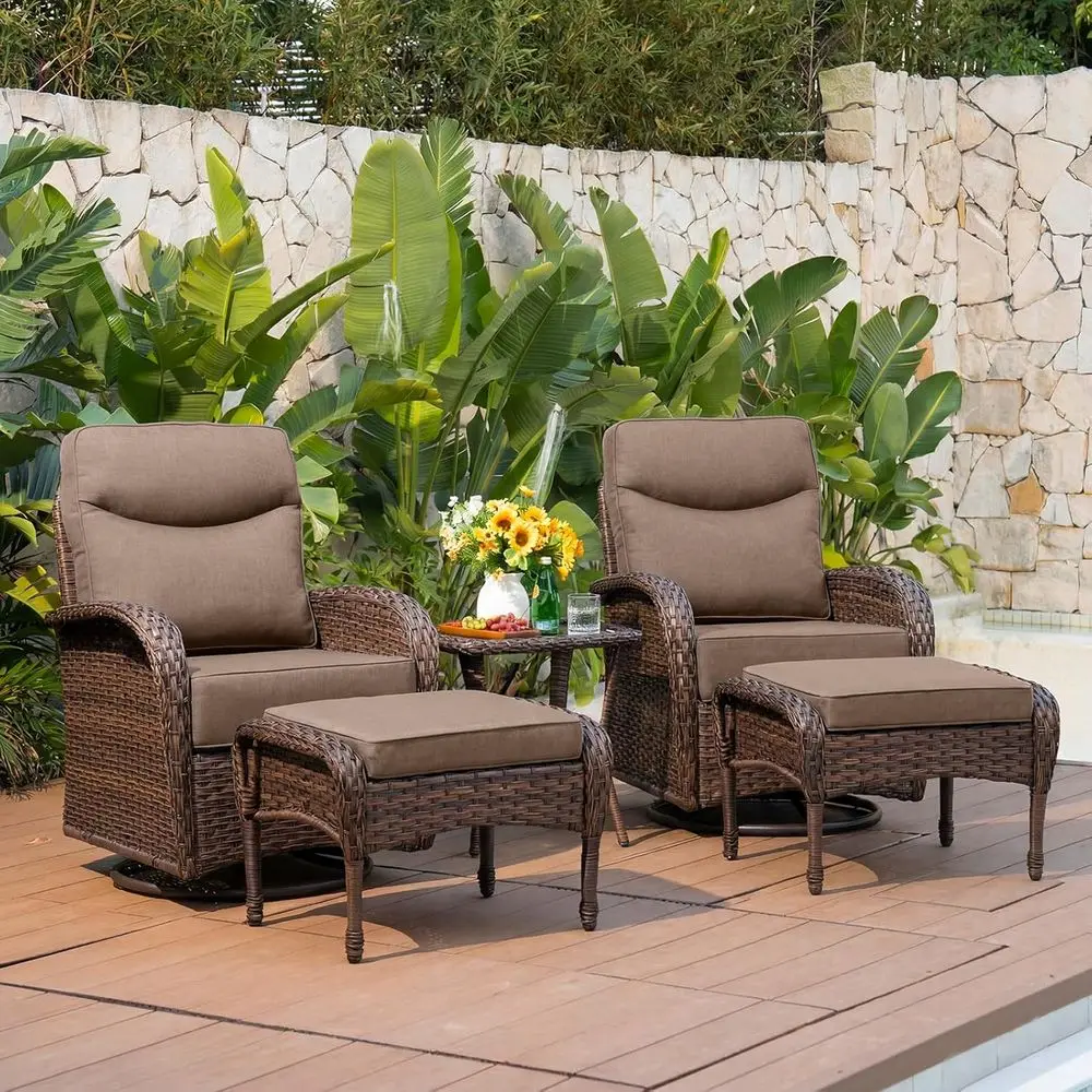 

6-Piece All-Weather Wicker Patio Furniture Set with Swivel Rocker Chairs and Ottomans, High Back Glider Chairs - Brown/Grey