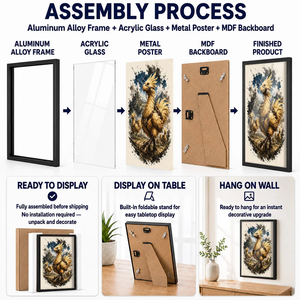 Final Fantasy Chocobo Herd Framed Metal Print Customized Photo Mythic Character Style Wall Art For Player Lounge Birthday Gift