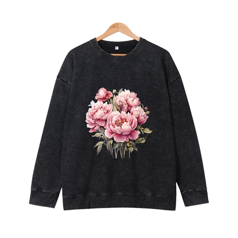 Autumn and winter new pink flower blooming beautiful women's round neck heavyweight loose women's casual long sleeved shirt