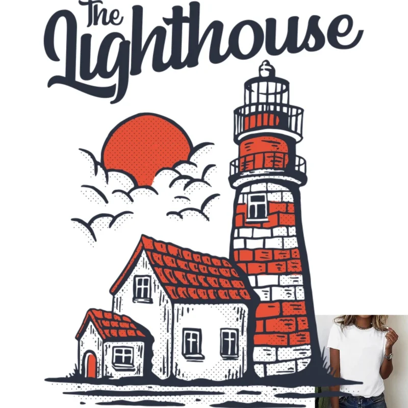 Retro Lighthouse & House Heat Transfer White Ink Iron - on Patch, Suitable for T - shirts, Canvas Bags, Casual Outdoor Style,