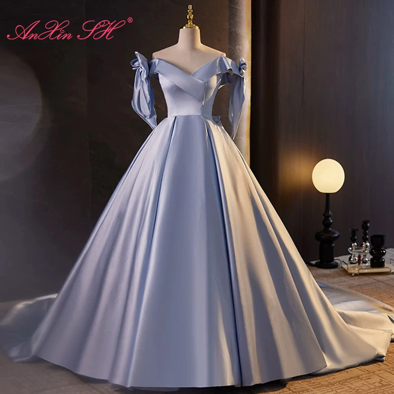 AnXin SH princesa azul satén cuello barco lazo grande manga corta vestido de baile escenario encaje hasta fiesta de presentador vestido de noche personalizado