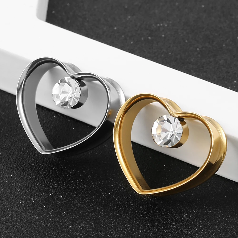 Giga 2 PCS Stainless Steel Ear Tunnels Plugs Heart with Crystal Ear Gauges for Stretched Piercing Body Jewelry Ears Expander