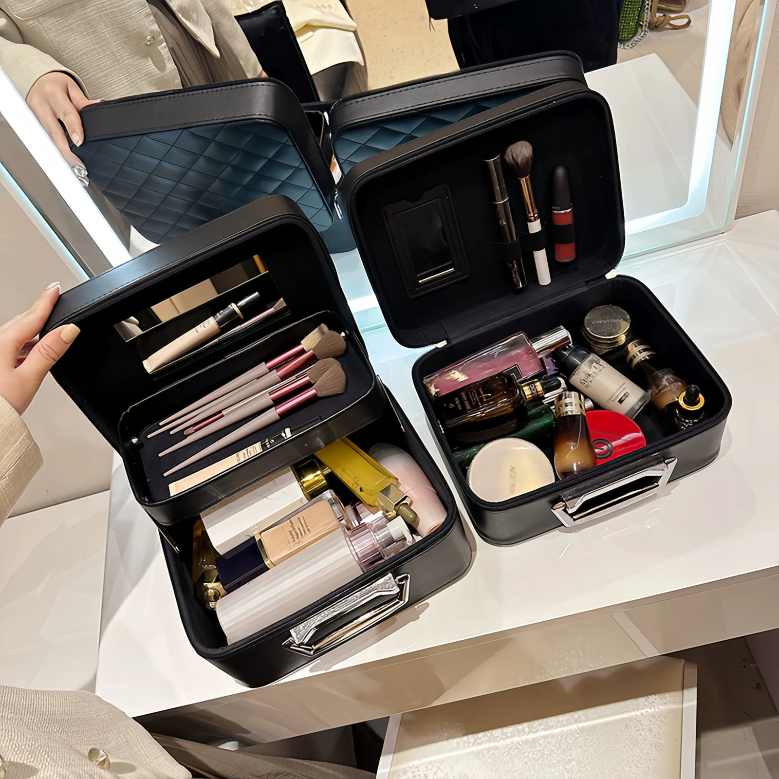 Bolsa de maquiagem para viagem com espelho, estojo de trem cosmético portátil, organizador de maquiagem, suporte de pincel de maquiagem, armazenamento